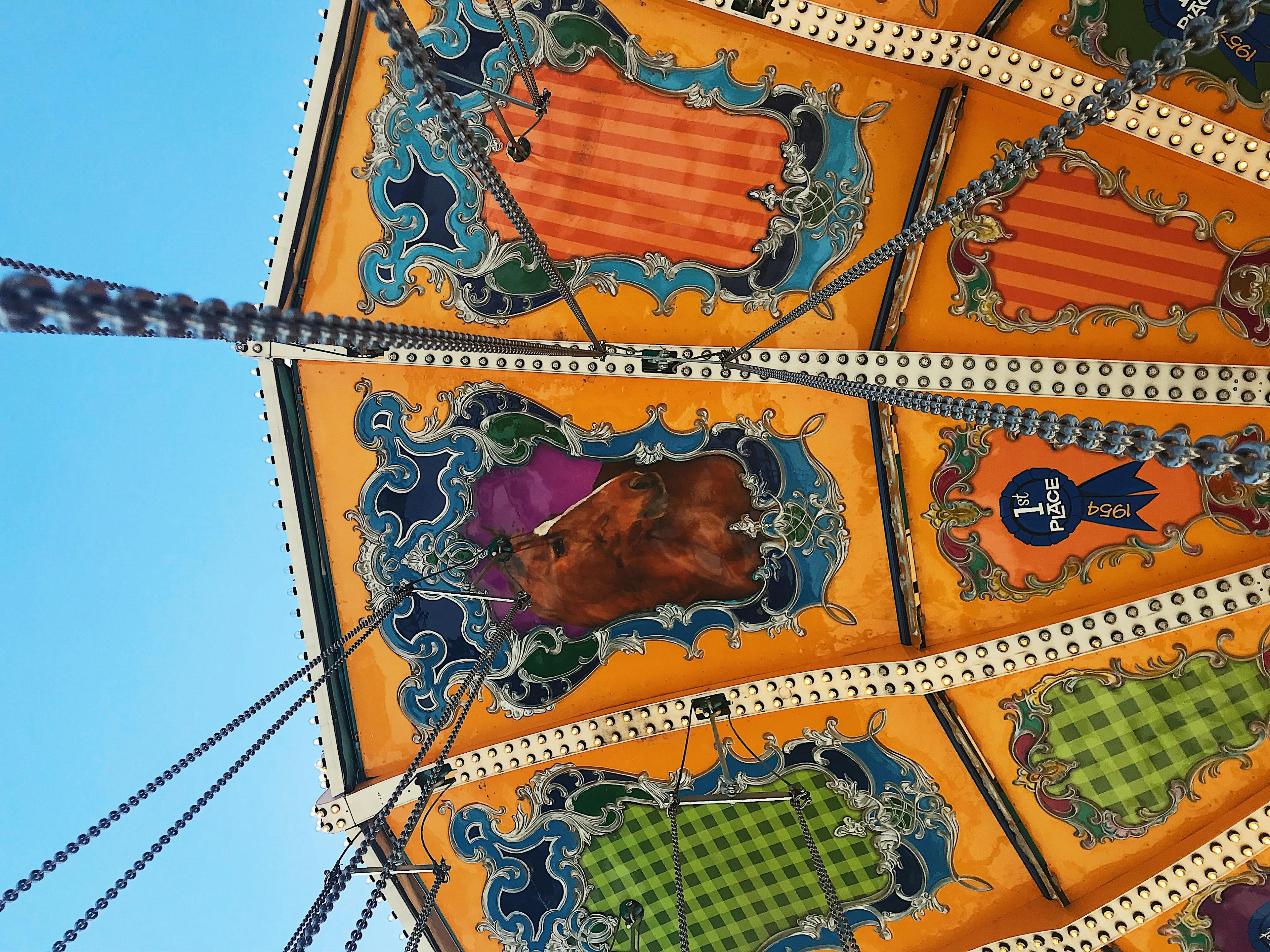 The painted roof of a carousel with the chains that hold the ride together hanging down.